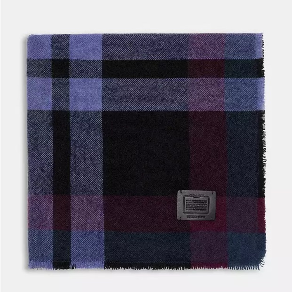 COACH Midnight Navy Plaid Print Cashmere Oversized Blanket Scarf